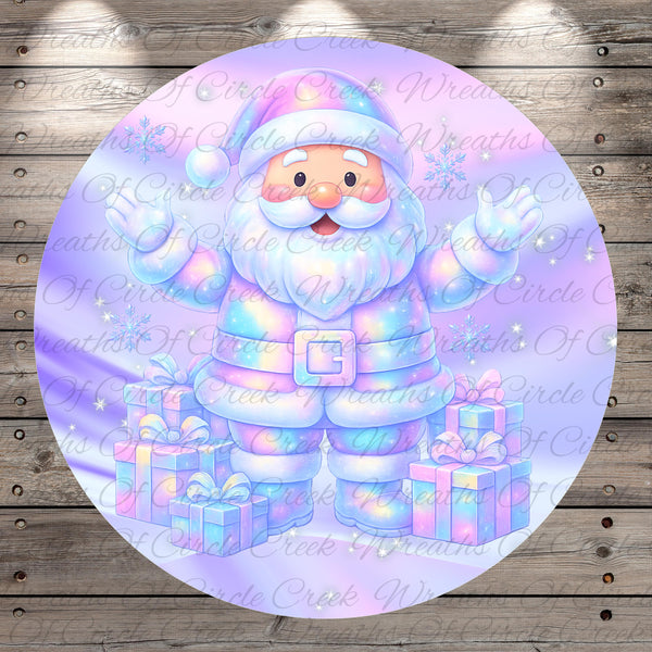 A colorful illustration of Santa Claus surrounded by presents and snowflakes, set against a purple background with a wooden texture.