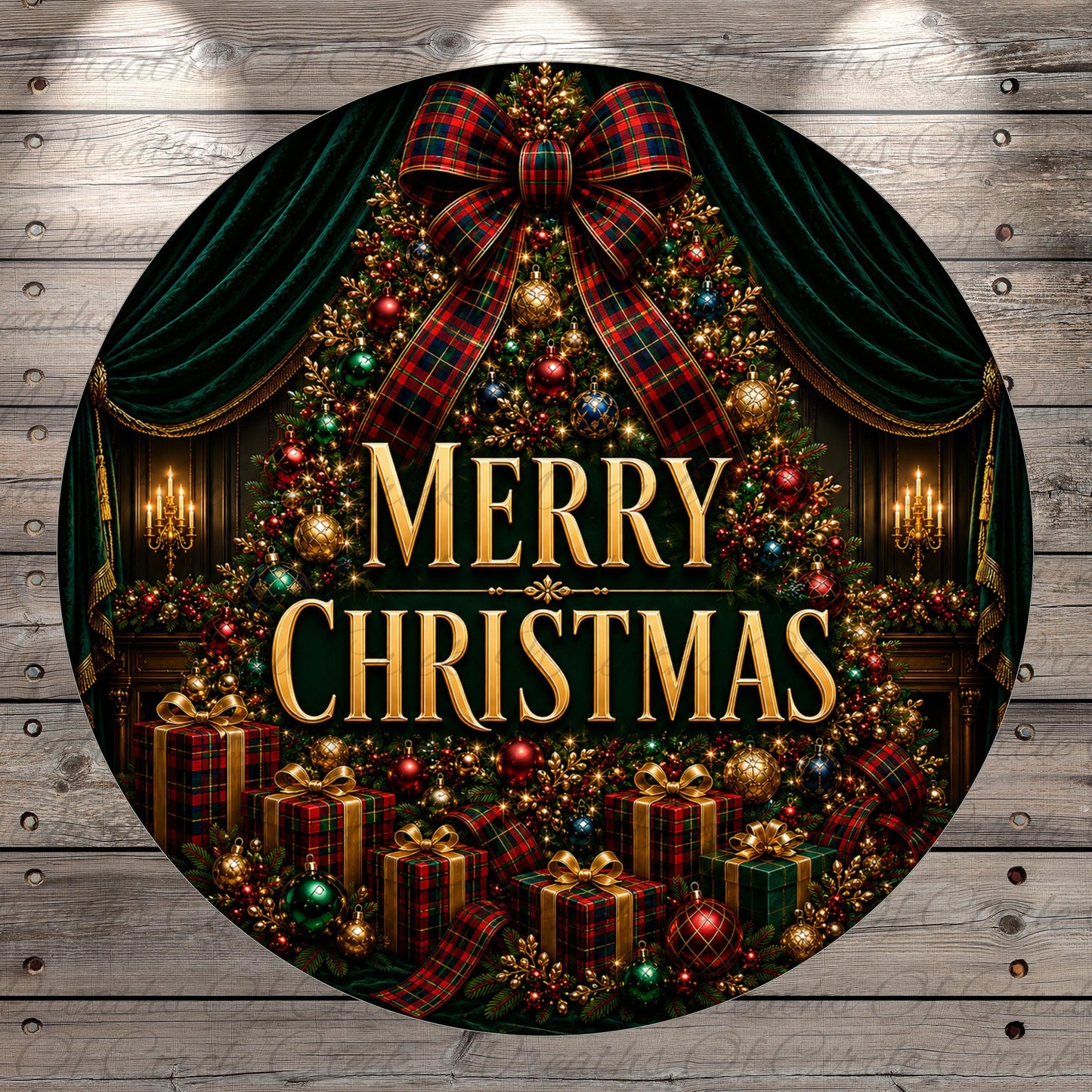 A festive Christmas scene with a beautifully decorated tree, presents, and a large "Merry Christmas" sign.
