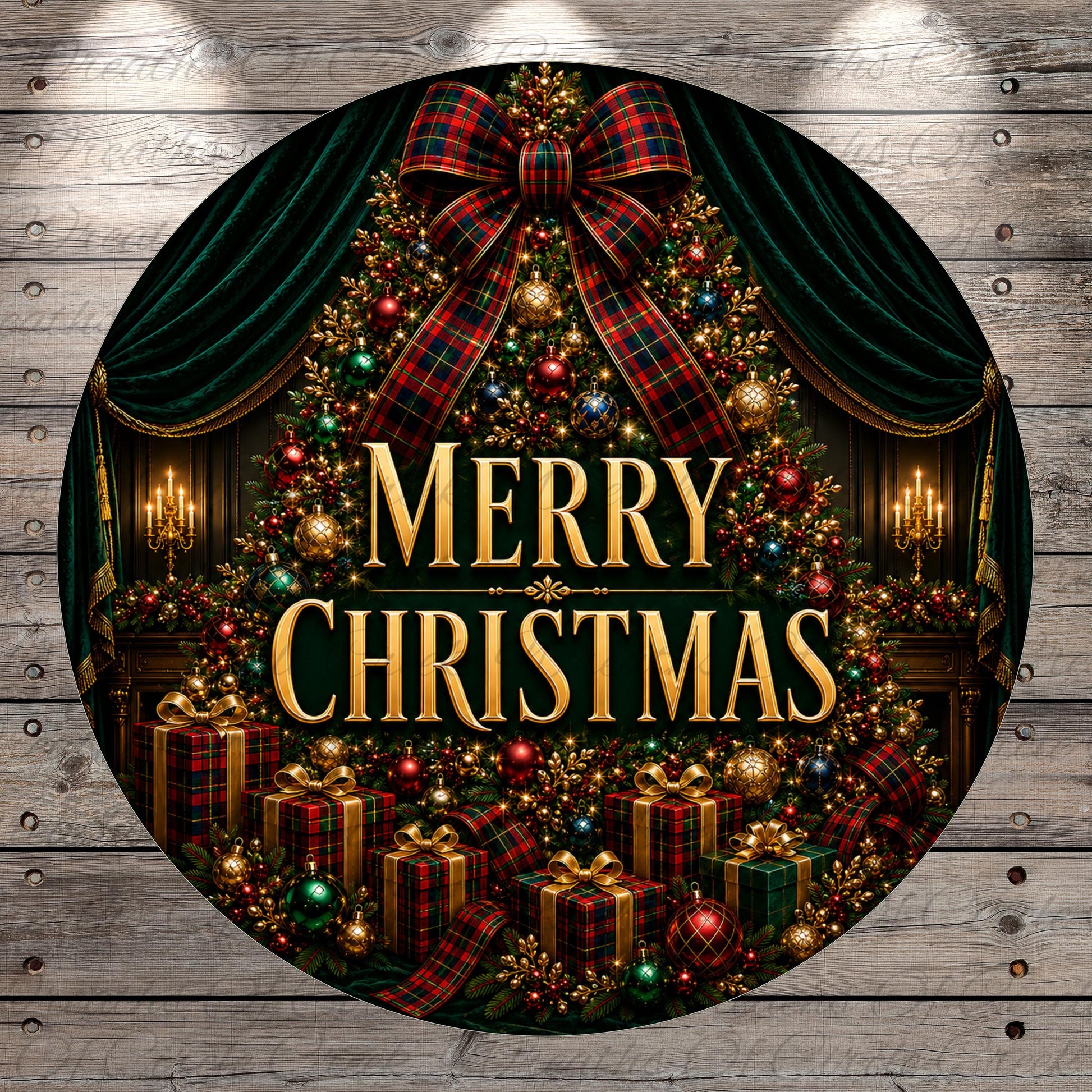 A festive Christmas scene with a beautifully decorated tree, presents, and a large "Merry Christmas" sign.