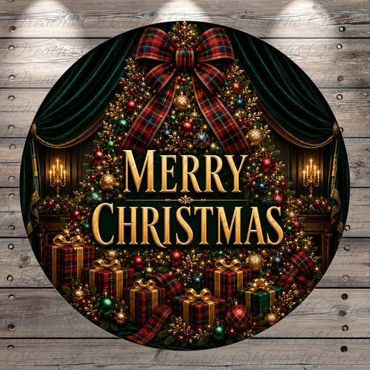 A festive Christmas scene with a beautifully decorated tree, presents, and a large "Merry Christmas" sign.