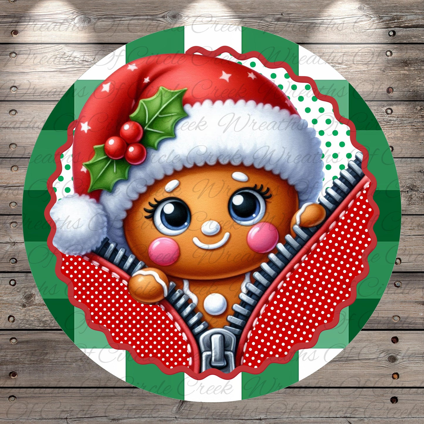 A cheerful gingerbread man wearing a Santa hat and holding a red bow, set against a festive background with green and white polka dots.