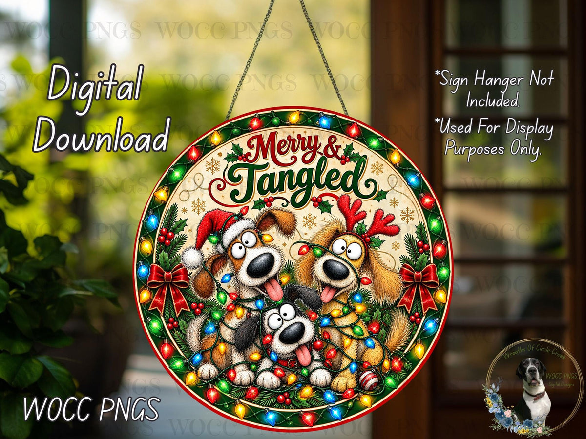 A digital download of a Christmas-themed sign with a group of dogs wearing Christmas lights and ornaments.