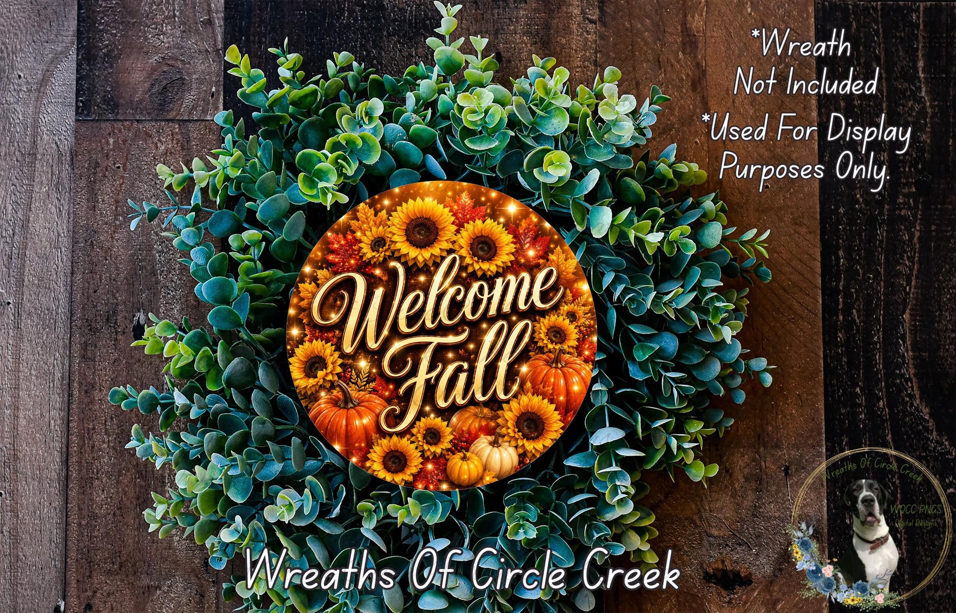 a wreath made of various fall-themed elements, including sunflowers, pumpkins, and greenery, with the text "Welcome Fall" displayed prominently in the center.