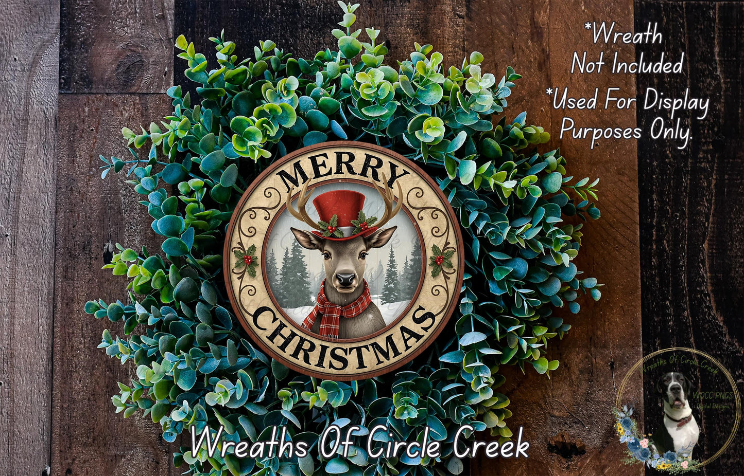 A wreath with a deer wearing a top hat and scarf, surrounded by greenery, with the text "MERRY CHRISTMAS" and "Wreaths of Circle Creek" displayed.