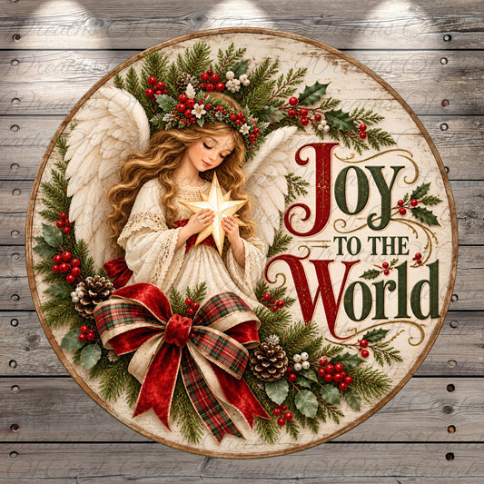 A circular Christmas-themed decoration featuring a smiling angel holding a star, surrounded by a wreath of berries, pine cones, and a red bow.