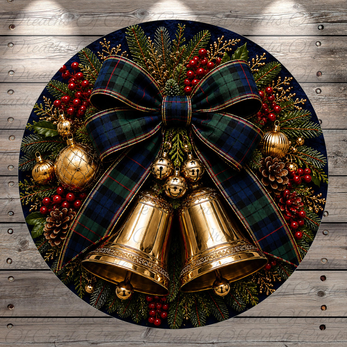 A festive Christmas wreath adorned with a large plaid bow, golden bells, and various holiday decorations such as berries, pine cones, and ornaments.
