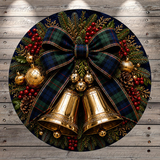 A festive Christmas wreath adorned with a large plaid bow, golden bells, and various holiday decorations such as berries, pine cones, and ornaments.