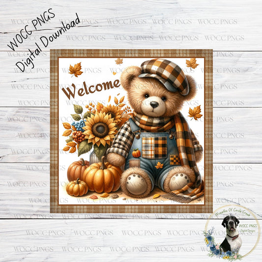 A teddy bear wearing a plaid hat and overalls, sitting next to a pumpkin patch and surrounded by autumn leaves, with the word "Welcome" written above it.