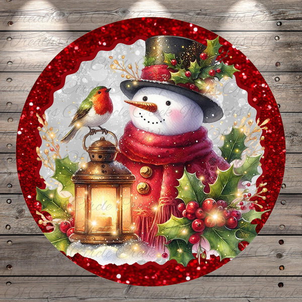 A snowman wearing a red scarf and hat, with a bird perched on its shoulder, stands next to a lantern and holly leaves, all set against a snowy background.