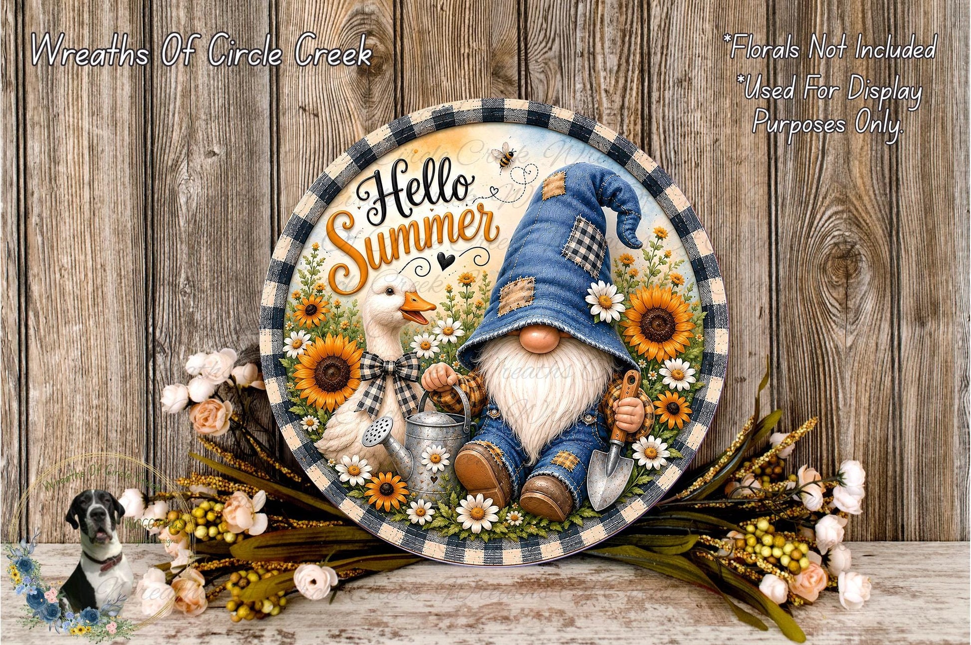 A gnome wearing a blue hat and holding a watering can is surrounded by a floral arrangement and a duck, with the text "Hello Summer" displayed on the gnome.