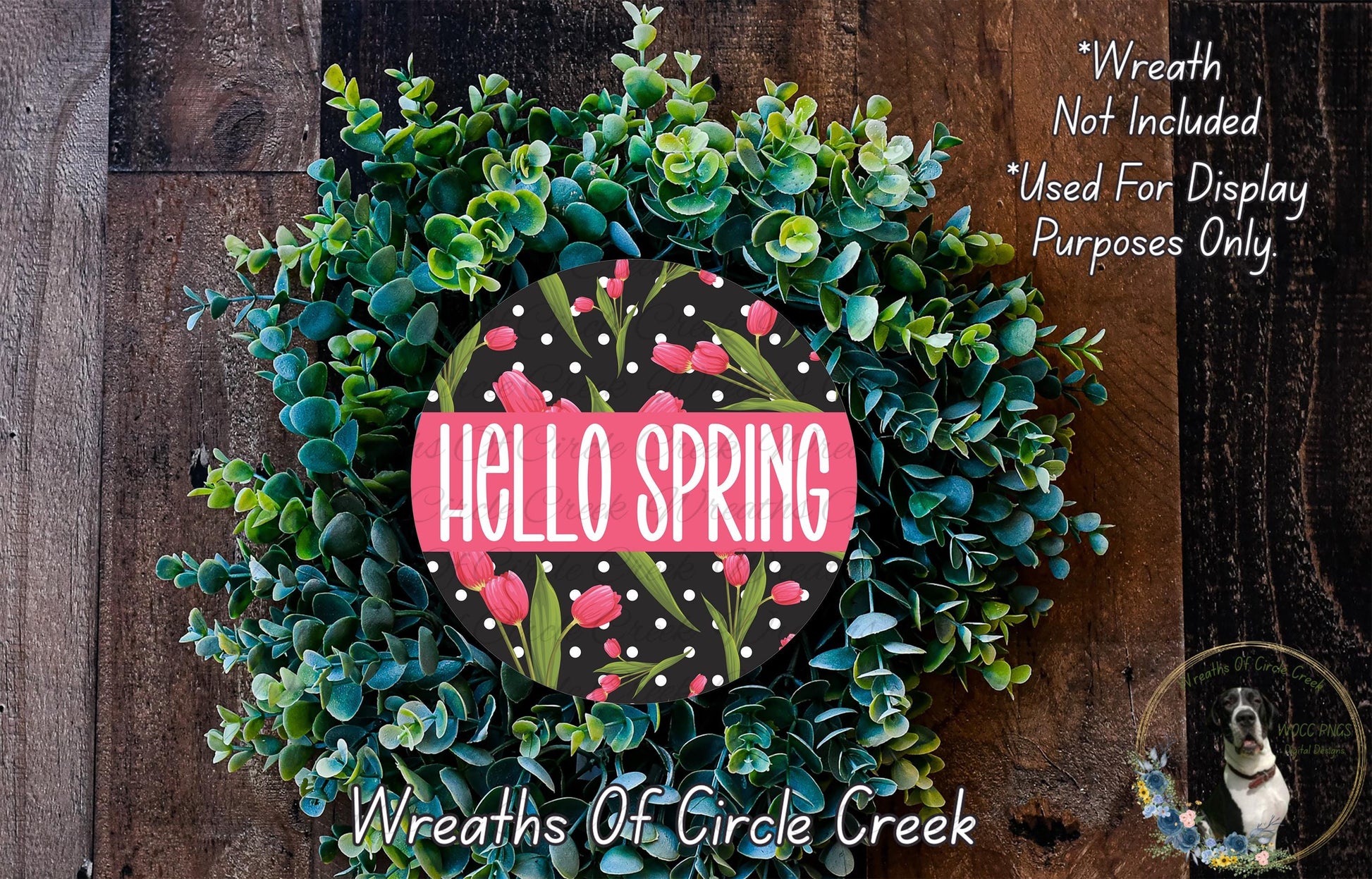 A wreath made of green leaves and flowers, with the text "Hello Spring" displayed prominently in the center.