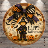 a happy halloween sign with a scarecrow and pumpkins