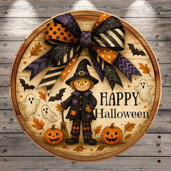a happy halloween sign with a scarecrow and pumpkins