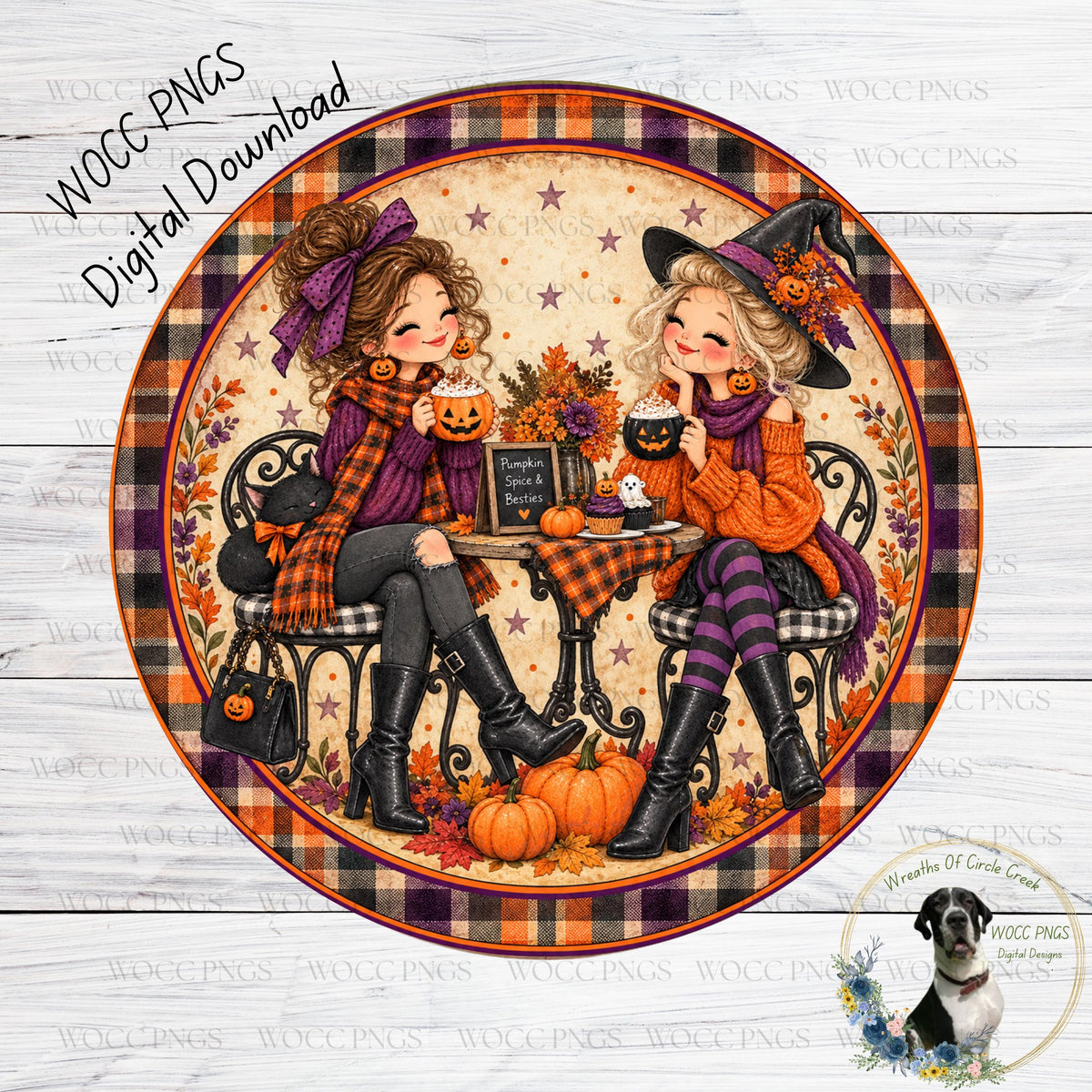 A digital illustration of two women dressed in Halloween costumes, sitting at a table with pumpkin-themed decorations, enjoying drinks and snacks.