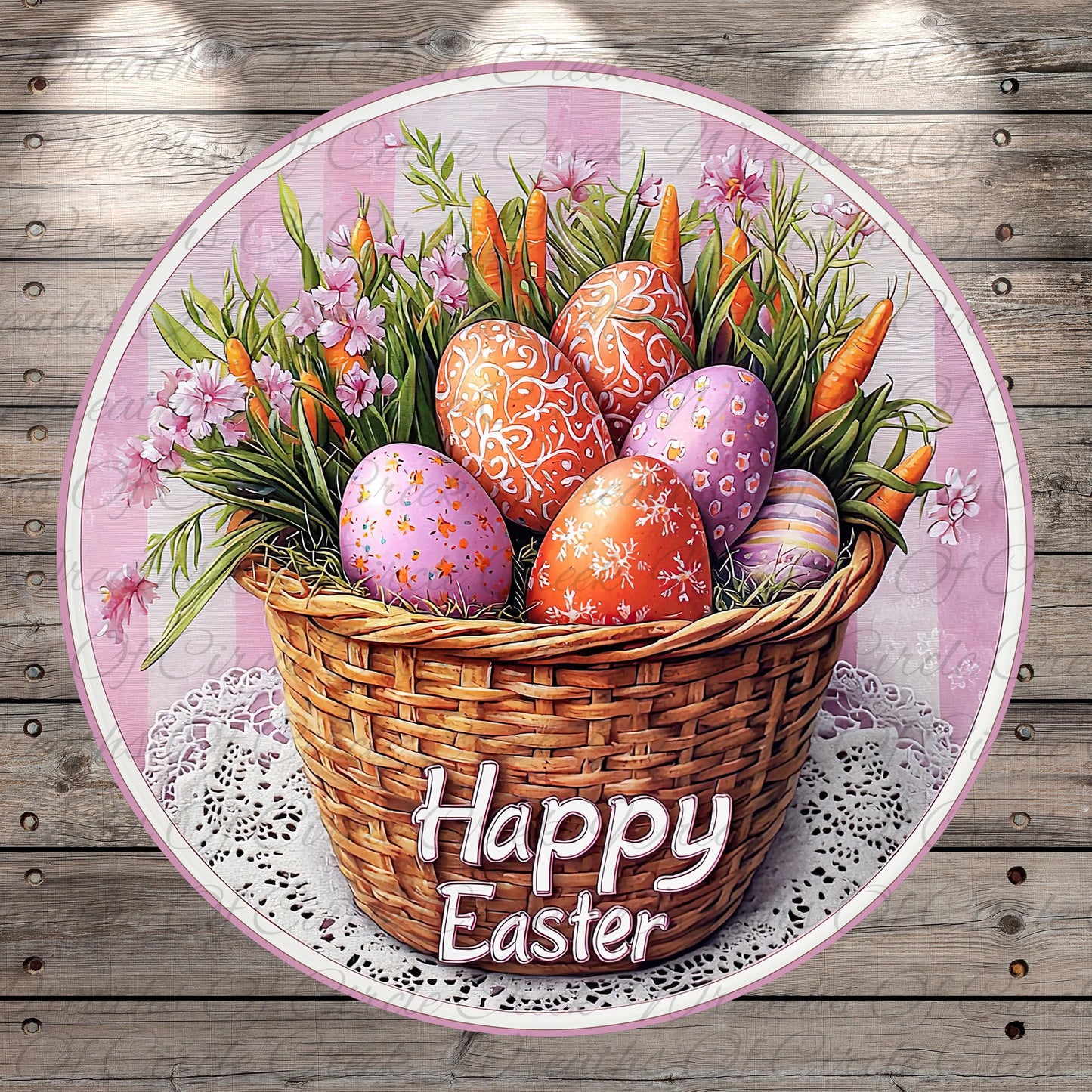A basket filled with colorful Easter eggs, surrounded by flowers and carrots, sits on a lace doily with the text "Happy Easter" displayed.