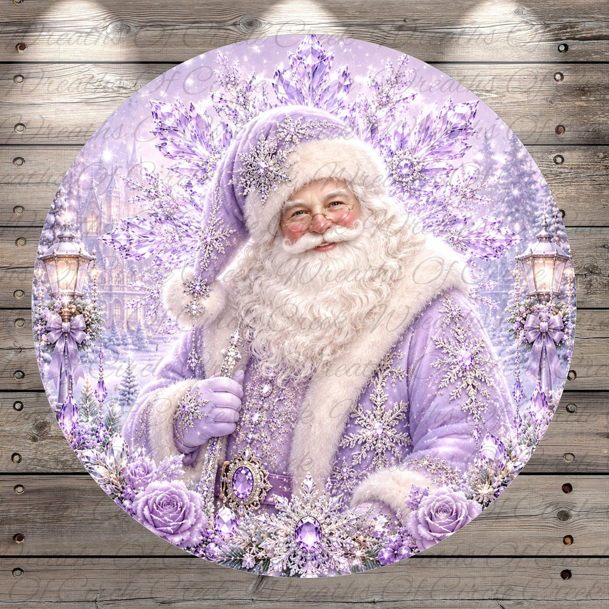 A festive Christmas-themed image featuring Santa Claus wearing a purple suit and hat, surrounded by snowflakes and flowers, with a snowy landscape in the background.