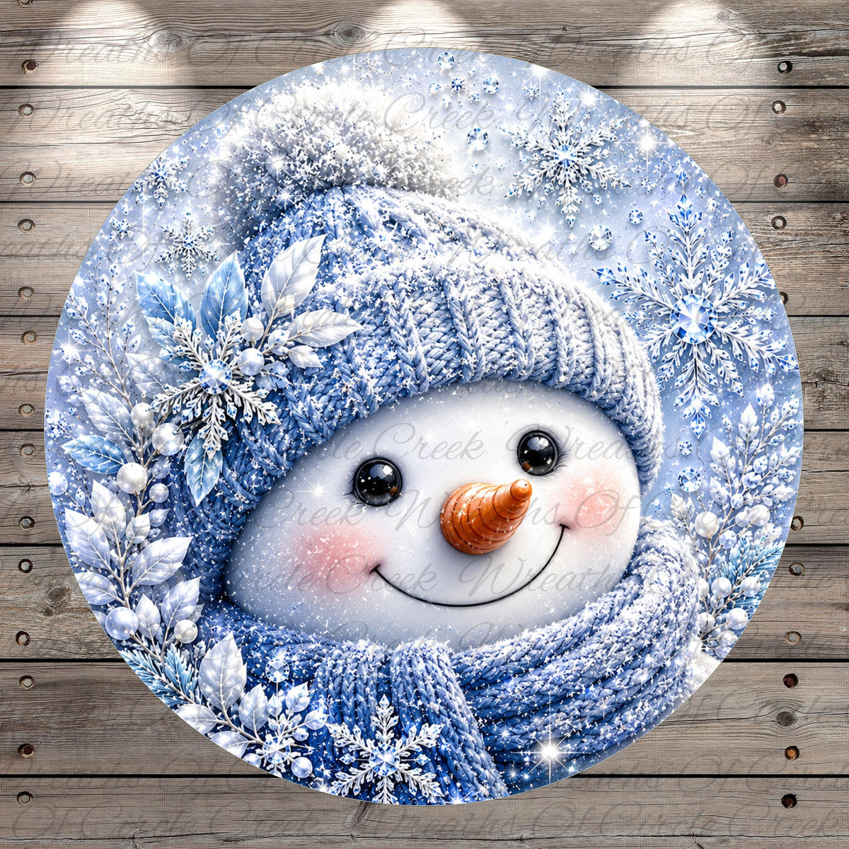A snowman with a blue hat and scarf, surrounded by snowflakes and pine branches, is the central focus of the image.