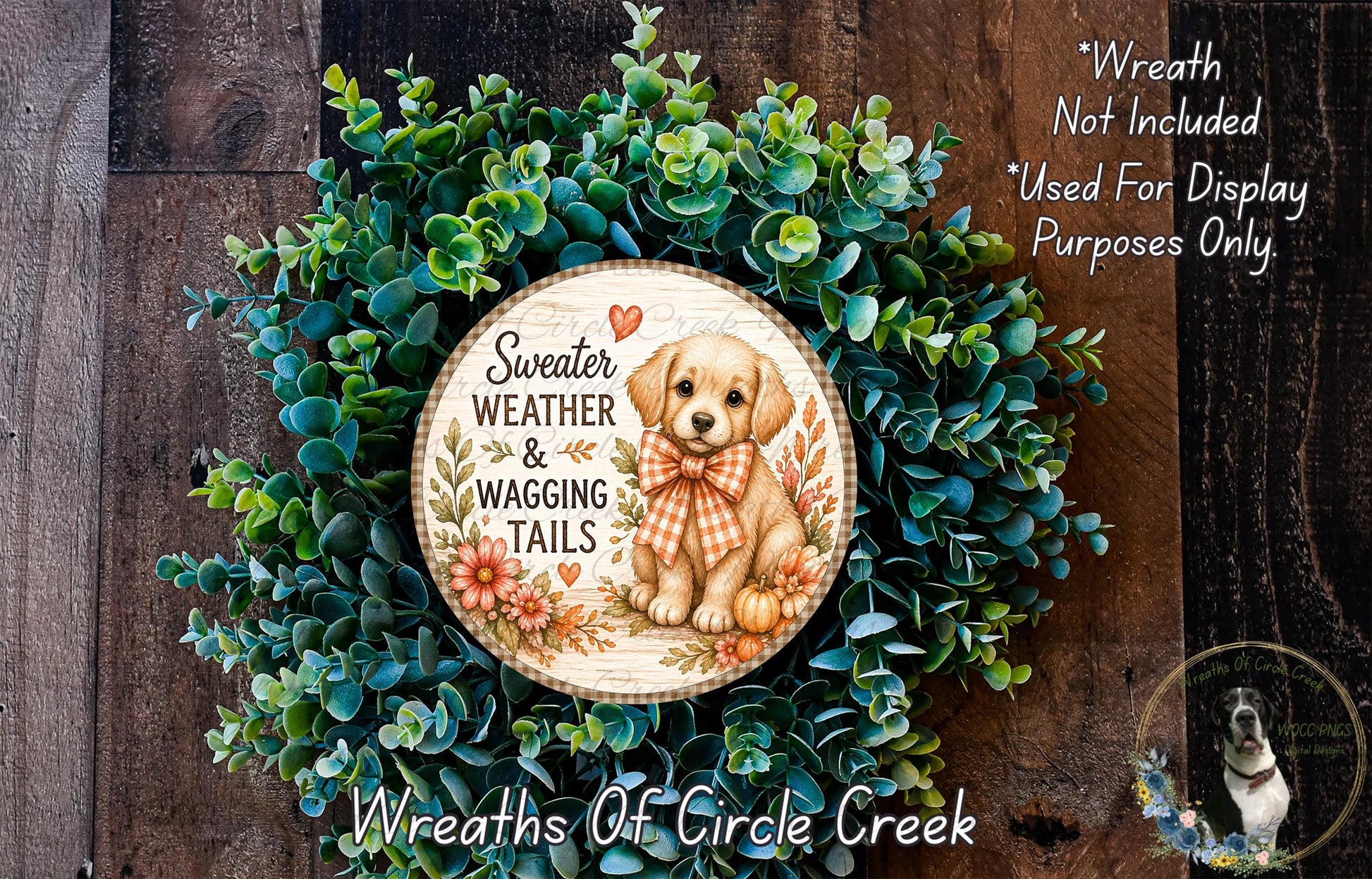 a wreath with a dog wearing a bow tie, surrounded by green foliage. The wreath is displayed on a wooden surface, and there is a text overlay that reads "Sweater Weather & Wagging Tails" and "Weaves of Circle Creek".