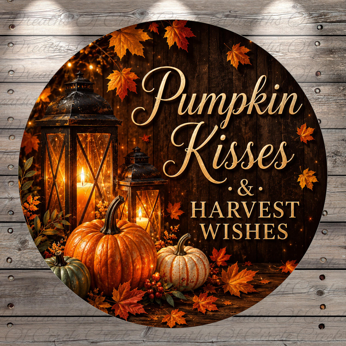 A circular image featuring a rustic autumn scene with a lantern, pumpkins, and fall leaves. The text "Pumpkin Kisses & Harvest Wishes" is displayed prominently in the center of the image.