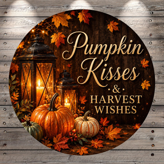 A circular image featuring a rustic autumn scene with a lantern, pumpkins, and fall leaves. The text "Pumpkin Kisses & Harvest Wishes" is displayed prominently in the center of the image.
