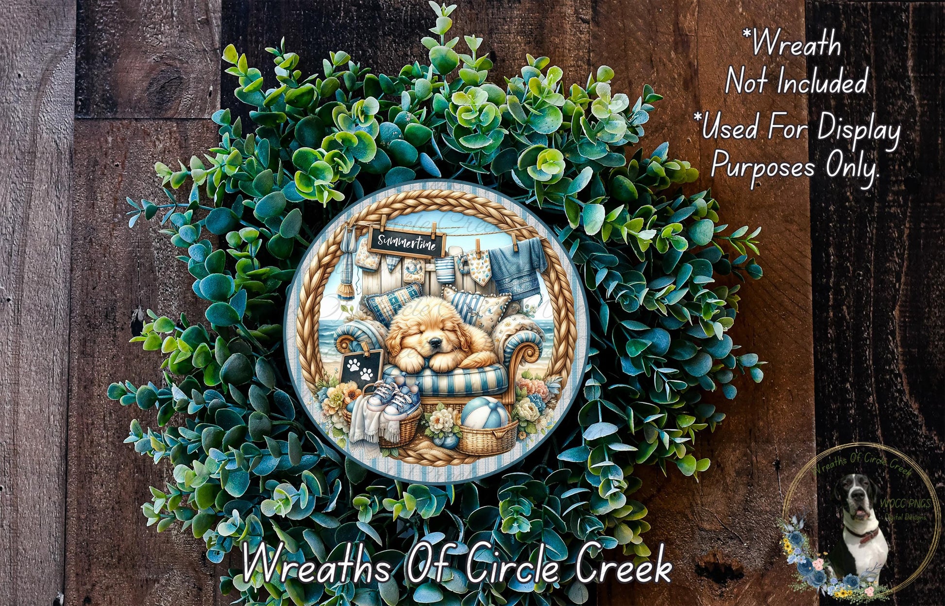 A wreath made of green foliage, featuring a central image of a dog and a sign that reads "Sconce". The wreath is displayed on a wooden surface, and there is text in the top right corner that reads "Wreath Not Included * Used For Display Purposes Only".