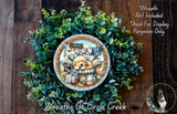 A wreath made of green foliage, featuring a central image of a dog and a sign that reads "Sconce". The wreath is displayed on a wooden surface, and there is text in the top right corner that reads "Wreath Not Included * Used For Display Purposes Only".
