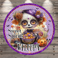 a colorful and whimsical illustration of a sugar skull surrounded by various Halloween-themed elements, including a bowl of candy, pumpkins, bats, and a "Welcome" sign.