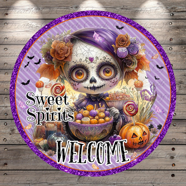 a colorful and whimsical illustration of a sugar skull surrounded by various Halloween-themed elements, including a bowl of candy, pumpkins, bats, and a "Welcome" sign.