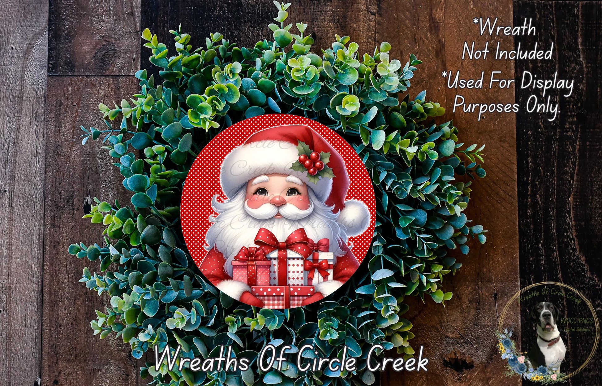 A wreath featuring a Santa Claus figure holding a gift box, surrounded by a lush green plant.