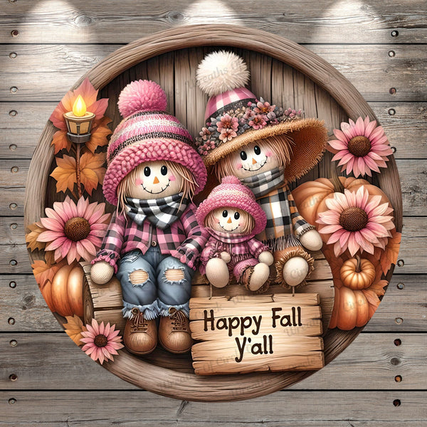 Pink Scarecrows, Happy Fall Y'all, Pink Sunflowers, Pumpkins, Rustic, Round, Light Weight, Metal Wreath Sign, No Holes In Sign