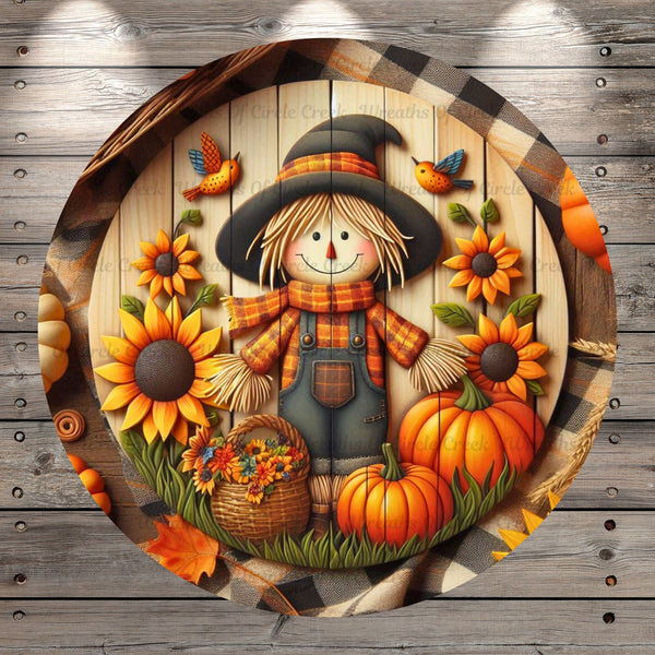 Scarecrow Boy, Fall Plaid, Pumpkins, Sunflowers, Faux Wood, Round, Light Weight, Metal, Wreath Sign, No Holes In Sign