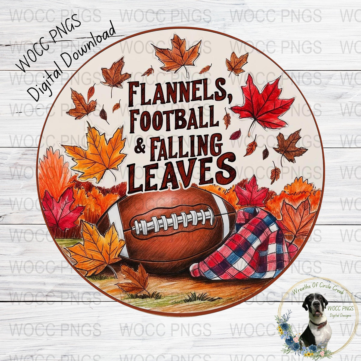 Fall Sublimation Design, Flannels Football Leaves, Autumn Decor Digital Download, Fall Printable Round Art for Crafting and Shirts