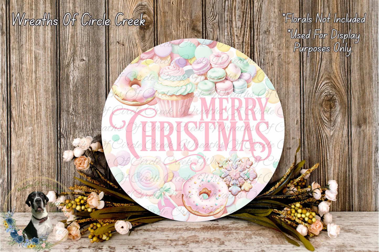 A round decorative plate with a festive design, featuring pastel colors and various holiday-themed elements such as cupcakes, donuts, and flowers.