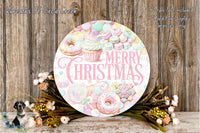 A round decorative plate with a festive design, featuring pastel colors and various holiday-themed elements such as cupcakes, donuts, and flowers.