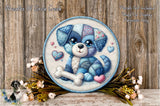 a round, decorative plate with a blue and white dog design, surrounded by flowers and placed on a wooden surface.