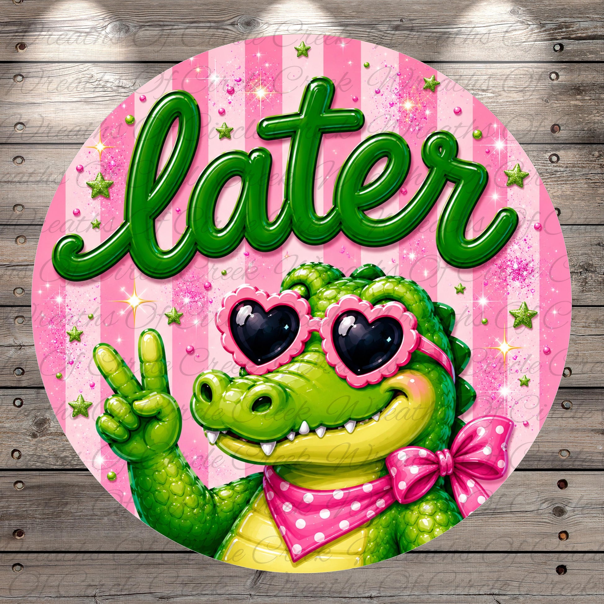 A green alligator wearing sunglasses and a pink bow tie is making a peace sign with its right hand against a pink background with stars and the word "later" written in green.
