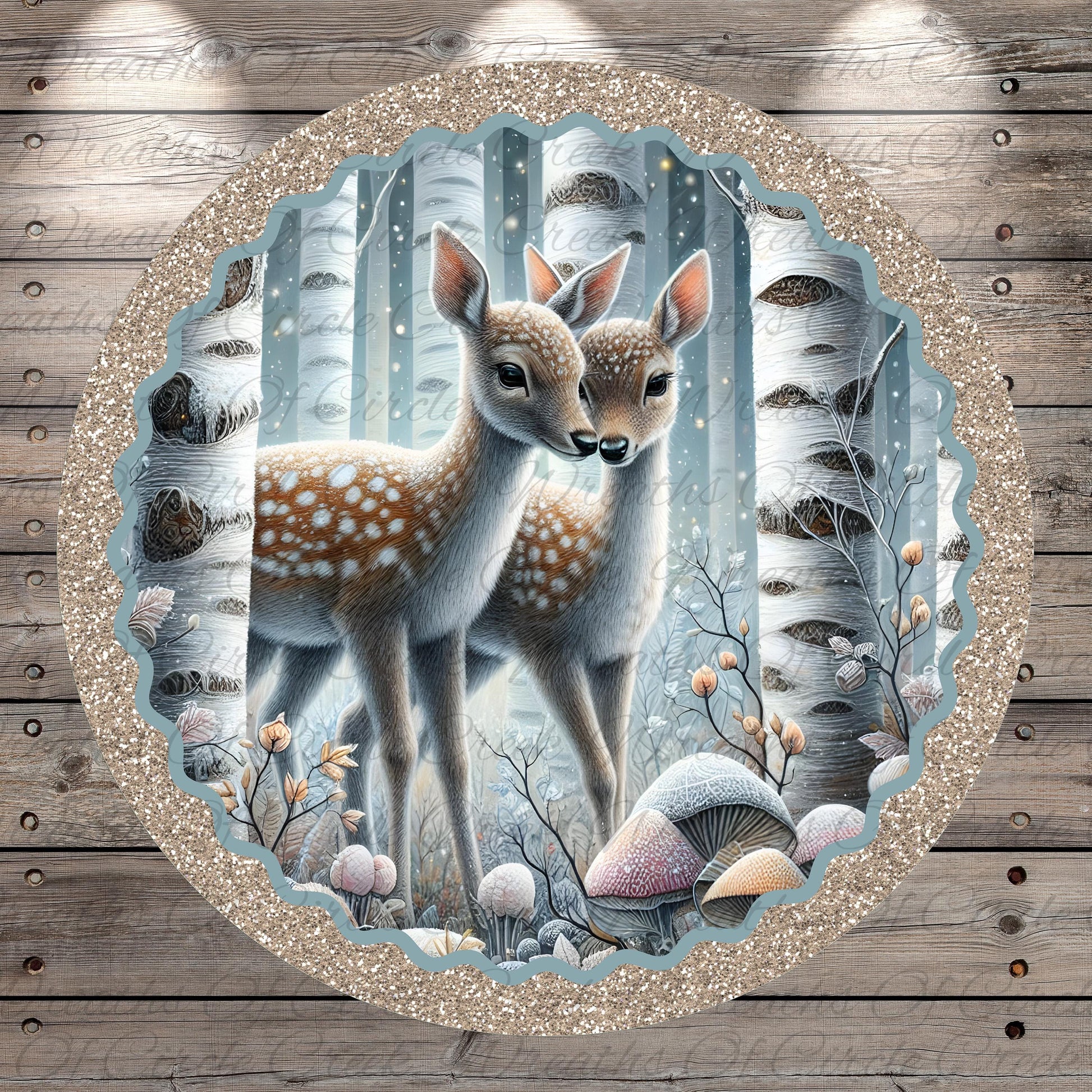 A pair of deer standing in a snowy forest, with a glittery border framing the scene.