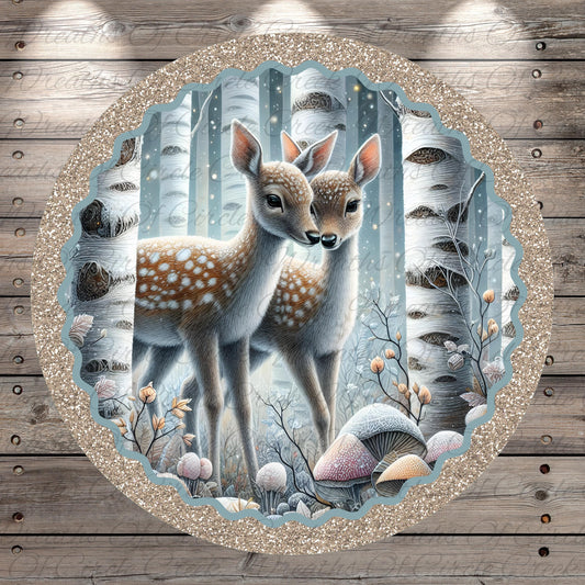 A pair of deer standing in a snowy forest, with a glittery border framing the scene.