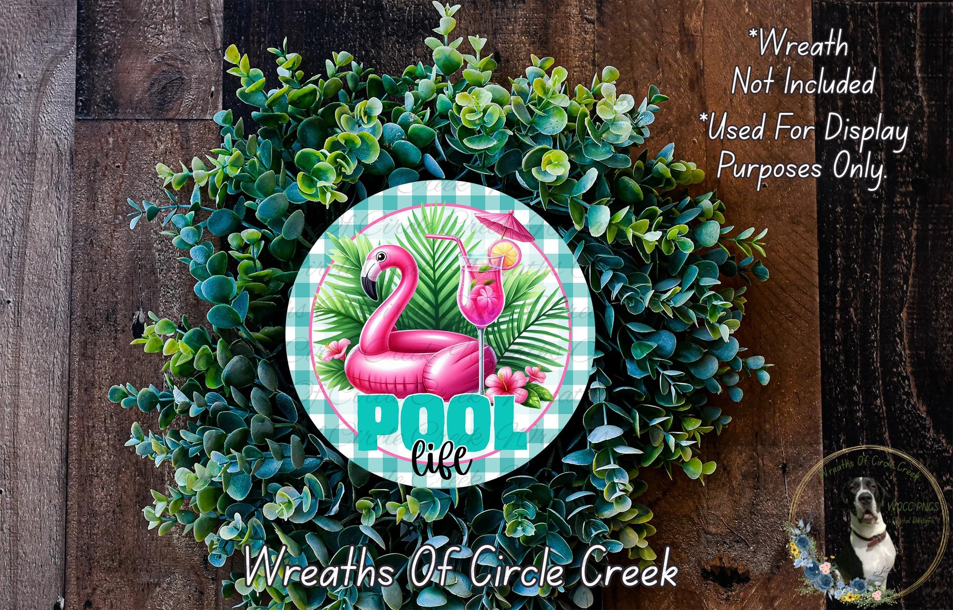 a wreath made of green leaves and a pink flamingo, with the word "POOL" prominently displayed in the center.