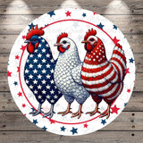 A circular design featuring three chickens with distinct colors and patterns, including a blue and white chicken, a white chicken, and a red and white striped chicken, all set against a background with stars and red and blue stripes.