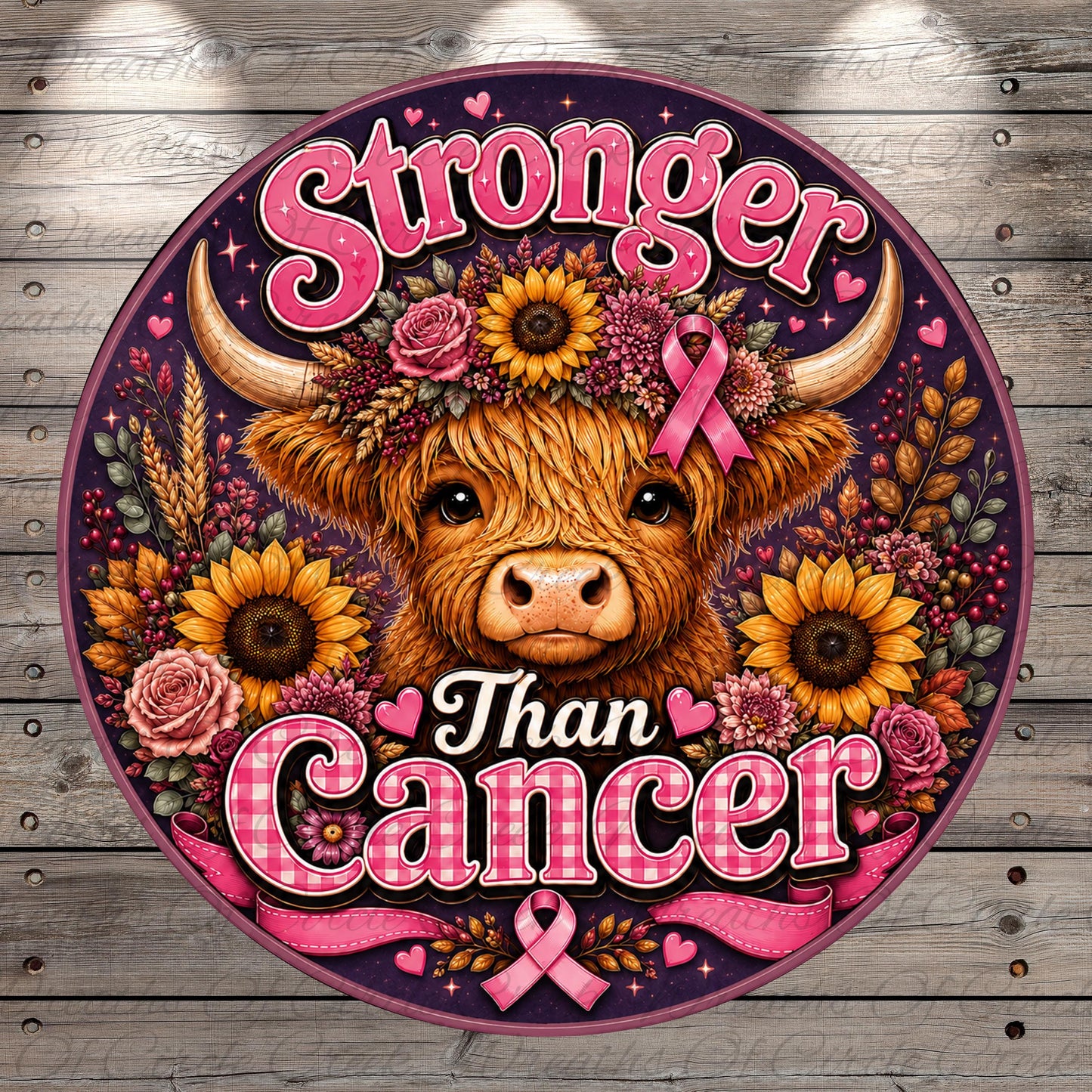 a large, colorful, and detailed illustration of a cow surrounded by flowers, sunflowers, and a ribbon with the text "Stronger Than Cancer".