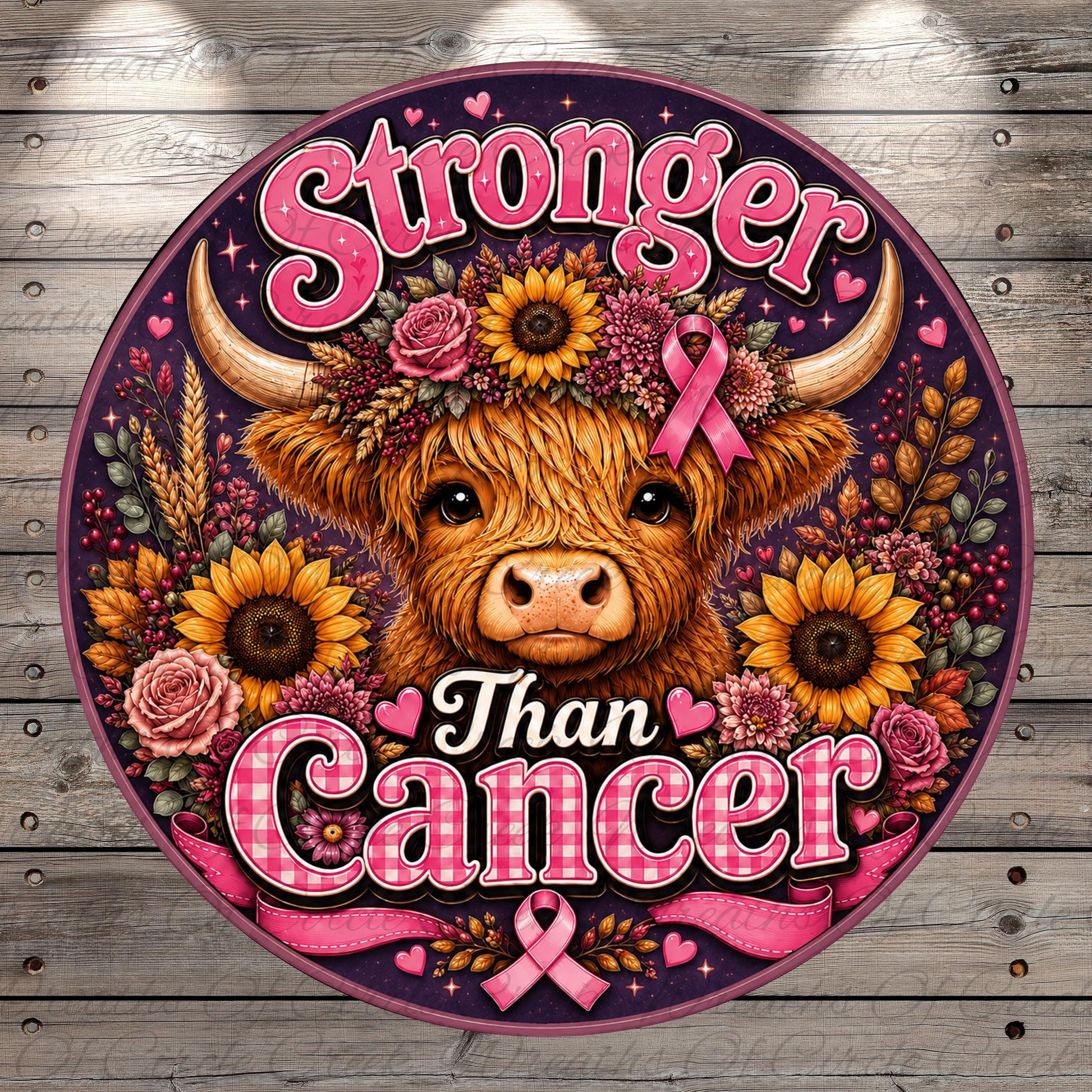 a large, colorful, and detailed illustration of a cow surrounded by flowers, sunflowers, and a ribbon with the text "Stronger Than Cancer".