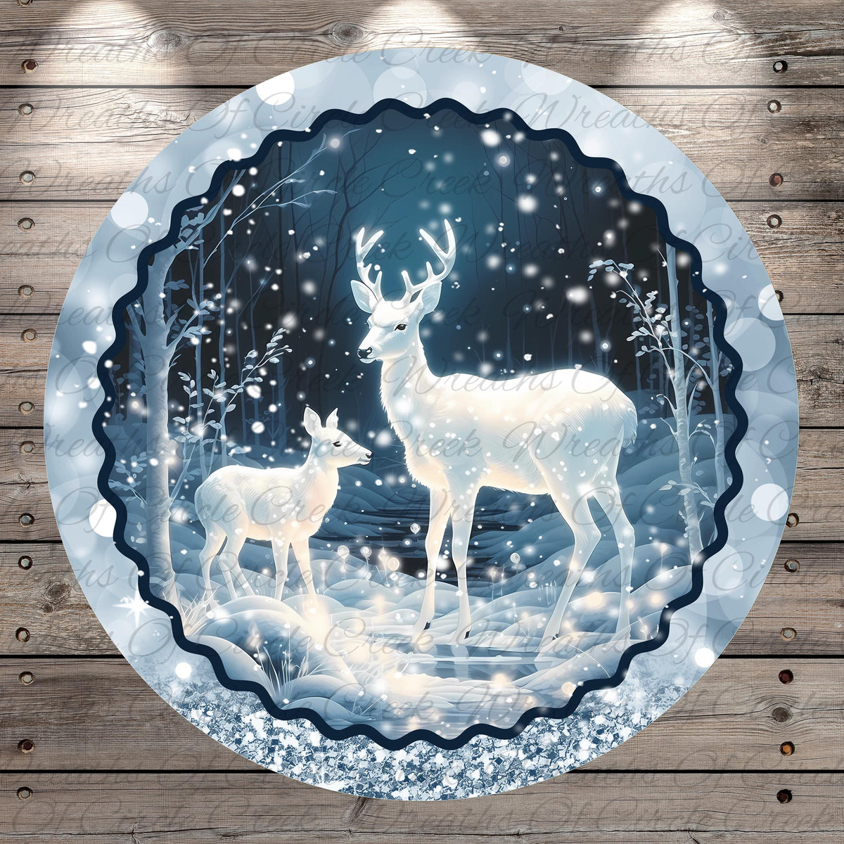 A digital illustration of two deer standing in a snowy forest, surrounded by falling snowflakes.