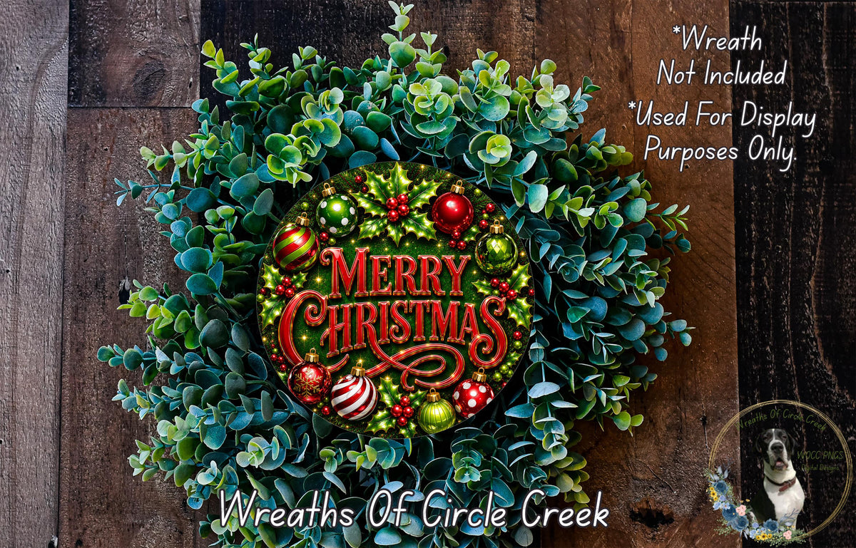 A festive Christmas wreath made of evergreen branches, adorned with ornaments and a "Merry Christmas" sign. The wreath is displayed on a wooden surface, and there is a small dog in the bottom right corner.