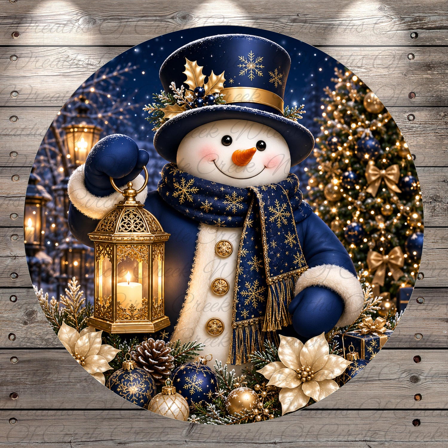 A festive snowman figure holding a lantern and surrounded by holiday decorations, including a Christmas tree, flowers, and ornaments, against a dark night sky background.
