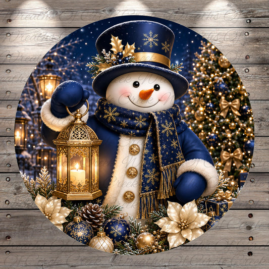 A festive snowman figure holding a lantern and surrounded by holiday decorations, including a Christmas tree, flowers, and ornaments, against a dark night sky background.