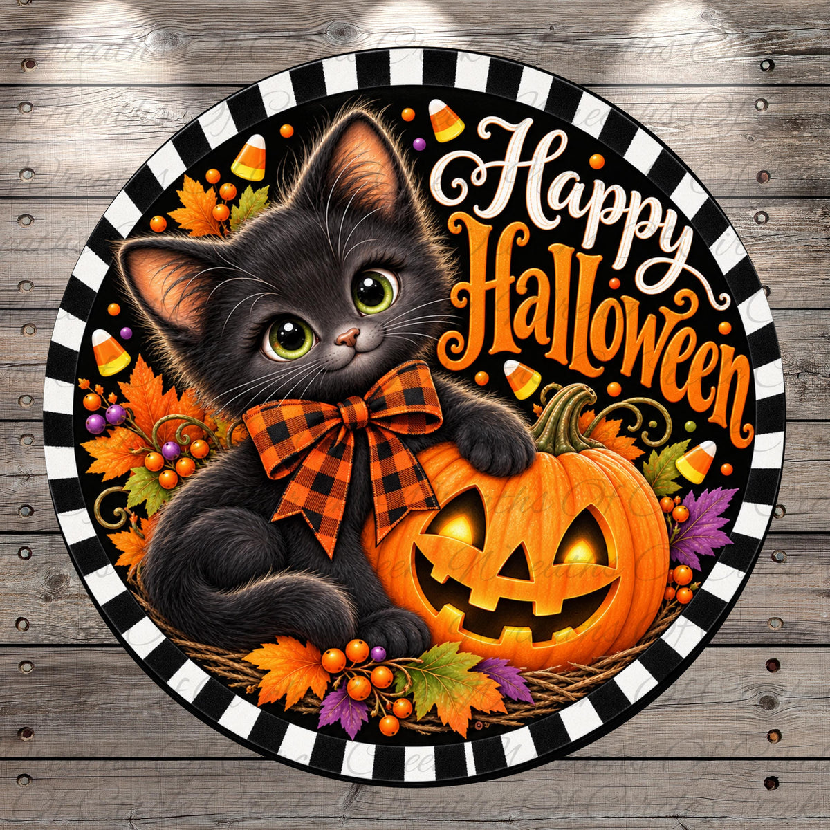 A black cat wearing a plaid bow sits on a carved pumpkin, surrounded by autumn leaves, candy corn, and a carved jack-o-lantern.