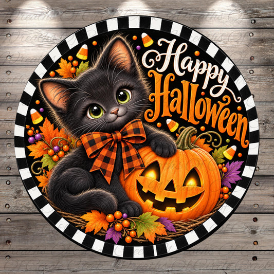 A black cat wearing a plaid bow sits on a carved pumpkin, surrounded by autumn leaves, candy corn, and a carved jack-o-lantern.