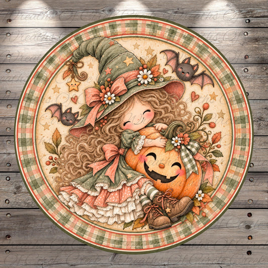 A whimsical illustration depicting a young girl in a witch's hat, surrounded by autumn-themed elements such as flowers, leaves, and bats, all set against a wooden background.