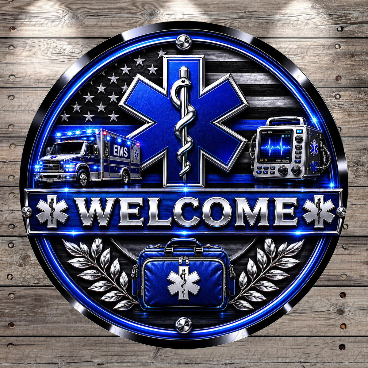 a welcome sign with a blue star of life symbol, flanked by an ambulance and a medical device, all set against a wooden background.